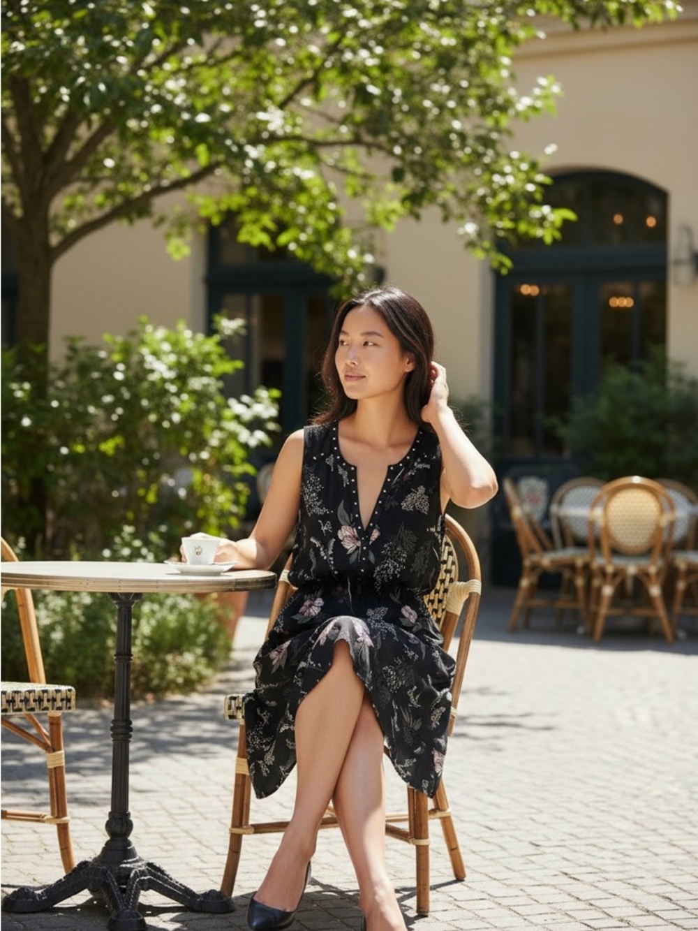 White House Black Market Black Floral Sleeveless Midi Dress